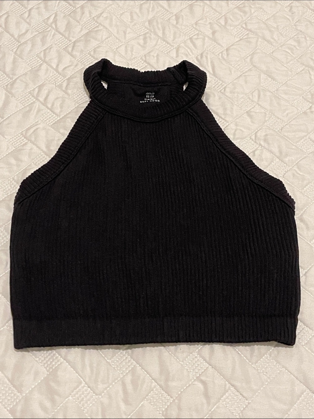 aerie Black Ribbed Halter Crop Tank